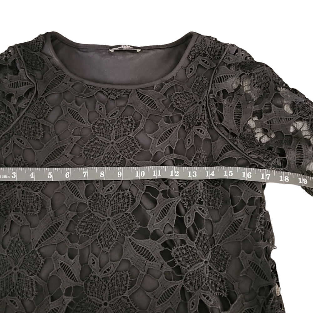 ZARA Black Crochet Lace Crop Top M Sheer Gothic Boho Punk Festival 3/4 Sleeve - Picture 11 of 15